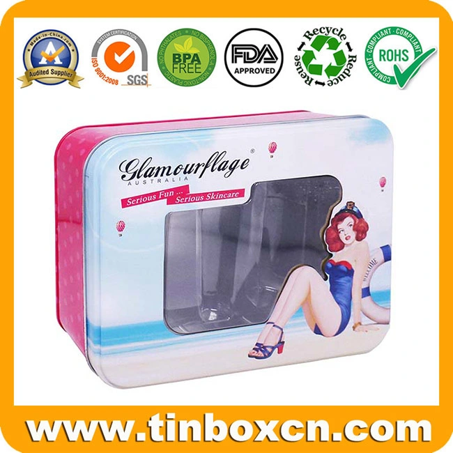 Promotional Cosmetics Rectangle Tin Box with Transparent Window and Inserts for Face Cream Lotions Shampoos Powders, Rectangular Metal Packaging Box